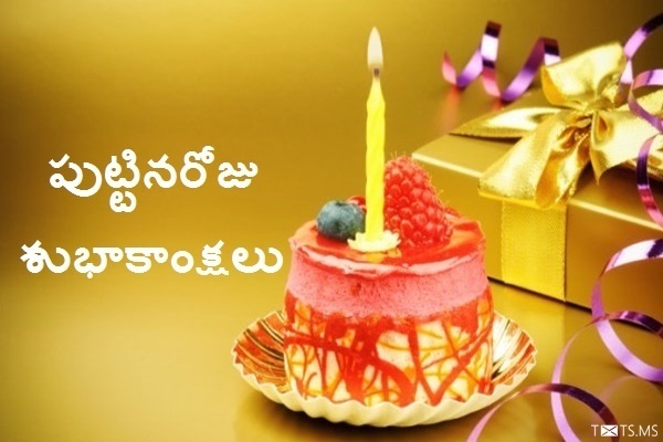 Telugu Birthday Wishes with Birthday Cake Candle Gold Gift Background
